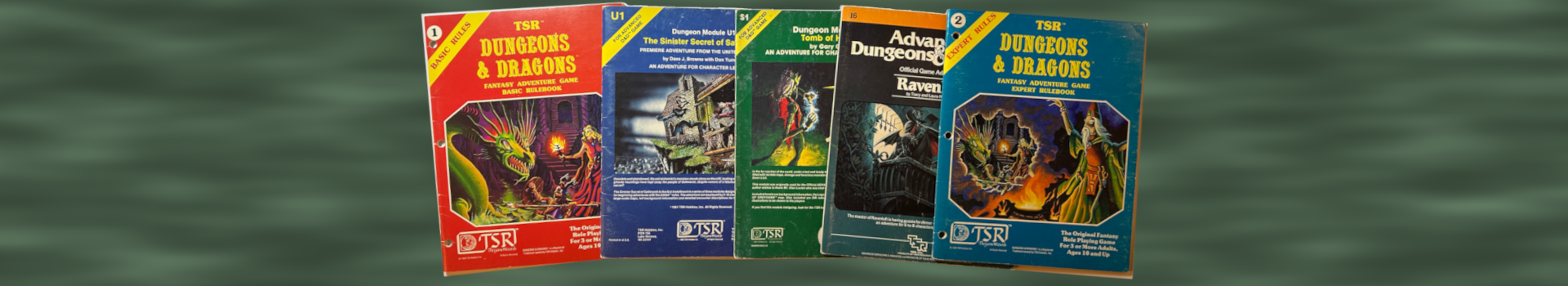 Vintage Dungeons & Dragons books and modules arranged on a green background